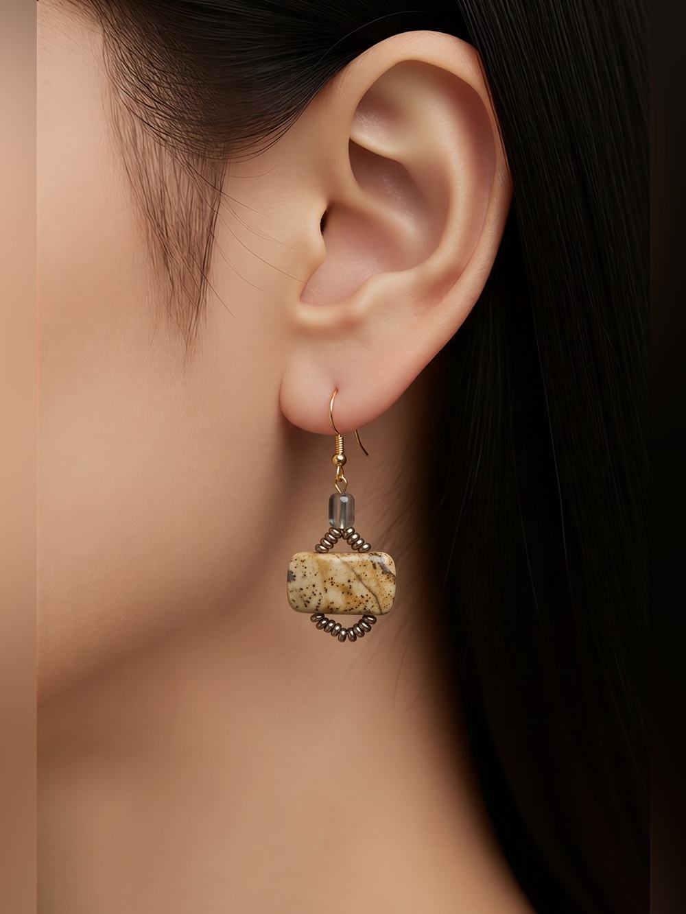 Picture Jasper & Smoky Quartz Earrings | African Brass Gold Vermeil NWT